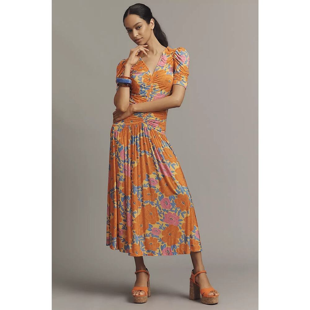 NWT Farm Rio x Anthropologie Short-Sleeve V-Neck Ruched Midi Dress Sz S #8B549